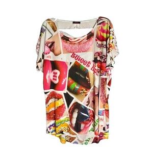 Blush Candy Apple With Lips White Sexy Dessert Top Shirt With Cut Back Size 2XL